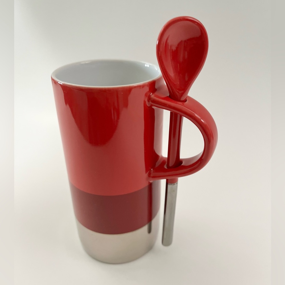 STARBUCKS 2014 Red Stripe Coffee Tea Latte 8oz 4.75" Cup Mug With Spoon 8oz